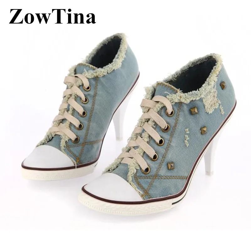 

Light Blue Women Denim Ankle Boots Studded Autumn Botas Cowgirls High Heels Short Botines Mujer Lace Up Tenis Sapatos Femmes