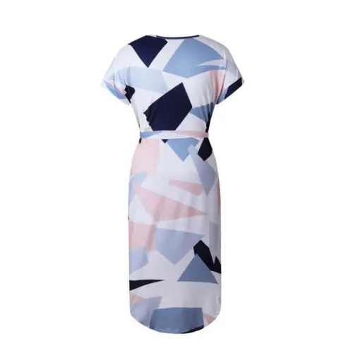 

Women Ladies Summer Short Sleeve Dresses Casual Print Knee Length Dresses Asymmetrical Slim Round Neck Dresses