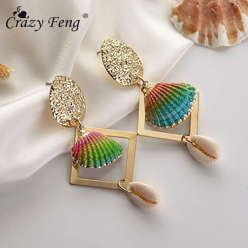 Женские богемные серьги раковины Crazy Feng 2020 Длинные крупные подвески для женщин