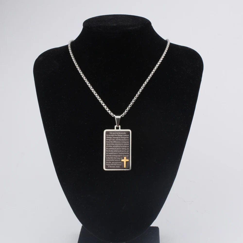 FINE4U N229 Stainless Steel Carving Dog Tag Pendant Necklace Men Box Chains Bible Cross Prayer For Christian Jewelry | Украшения и
