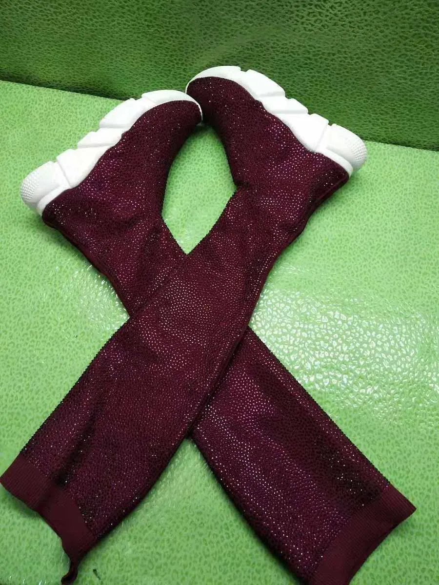 wine red Новая модная повседневная обувь со стразами длинные эластичные носки Спортивная обувь блестящие тонкие сапоги выше колена женские размеры 34-45 - Цвет: wine red