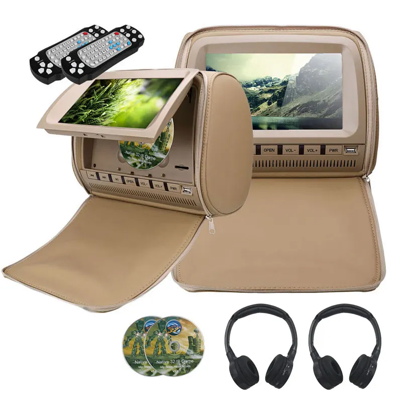 Beige With Headphone Cemicen 2 шт. 9 дюймов Автомобильный подголовник монитор DVD видео плеер 800x480 на молнии TFT ЖК-экран с ИК FM USB SD динамик игра - Цвет: Beige With Headphone