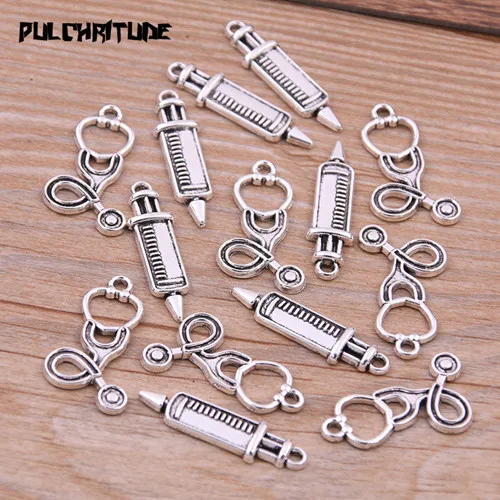 silver set PULCHRITUDE 20 шт два цвета Медицина талисманы шприц Подвески для изготовления ювелирных изделий Подвеска-стетоскоп для DIY ручной работы ремесло 4A - Окраска металла: silver set