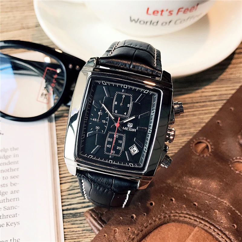Бренд MEGIR роскошные мужские Модные прямоугольные часы с уникальным