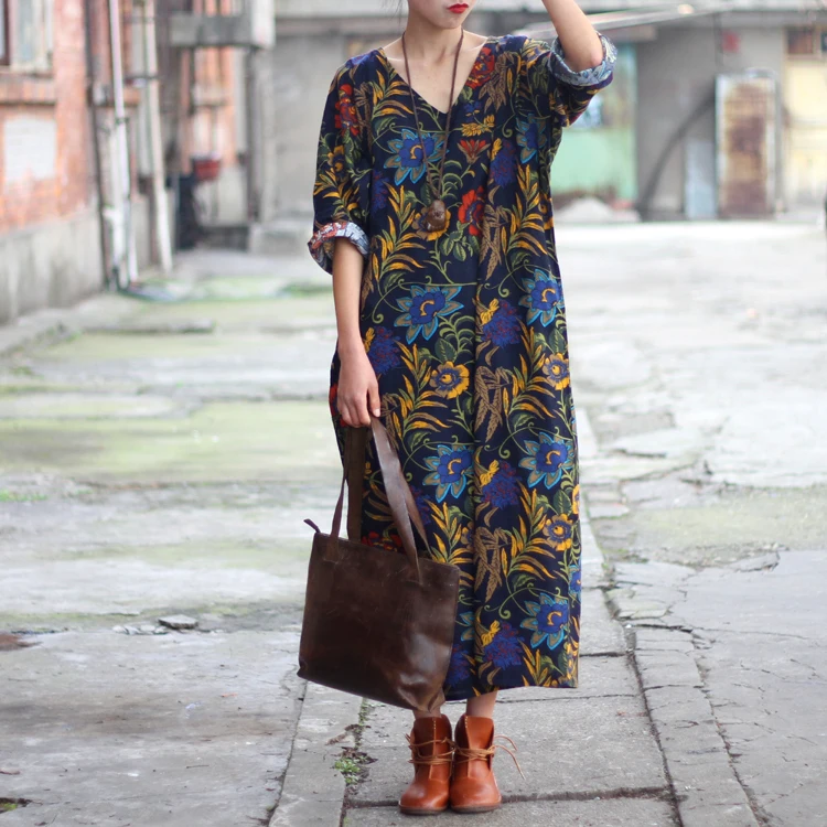 Платье женское длинное льняное с V образным вырезом и длинным рукавом|women dress|vintage