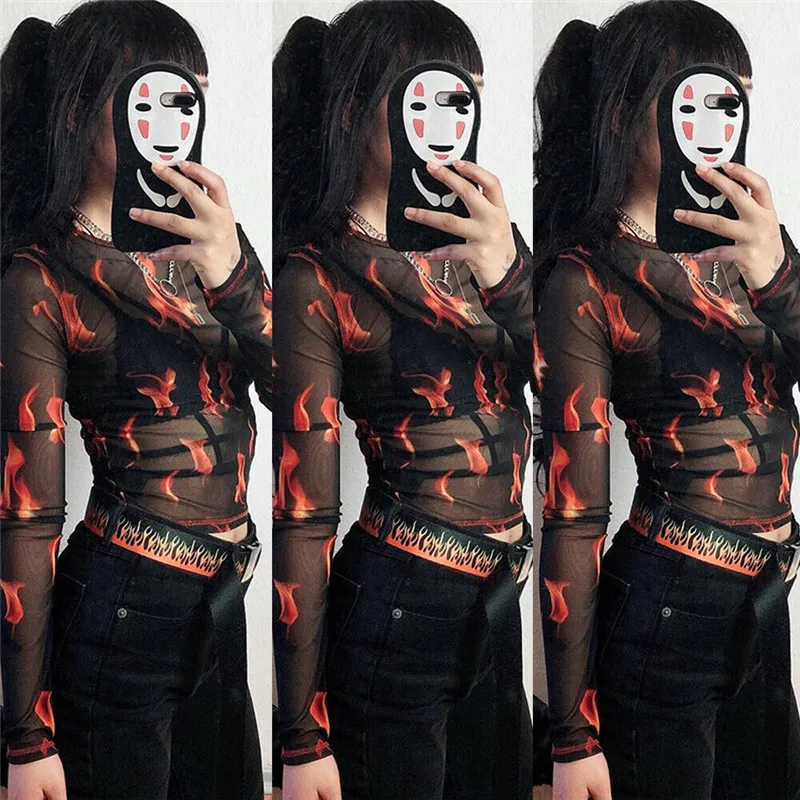 Женский прозрачный сетчатый топ с длинным рукавом укороченный принтом огненного