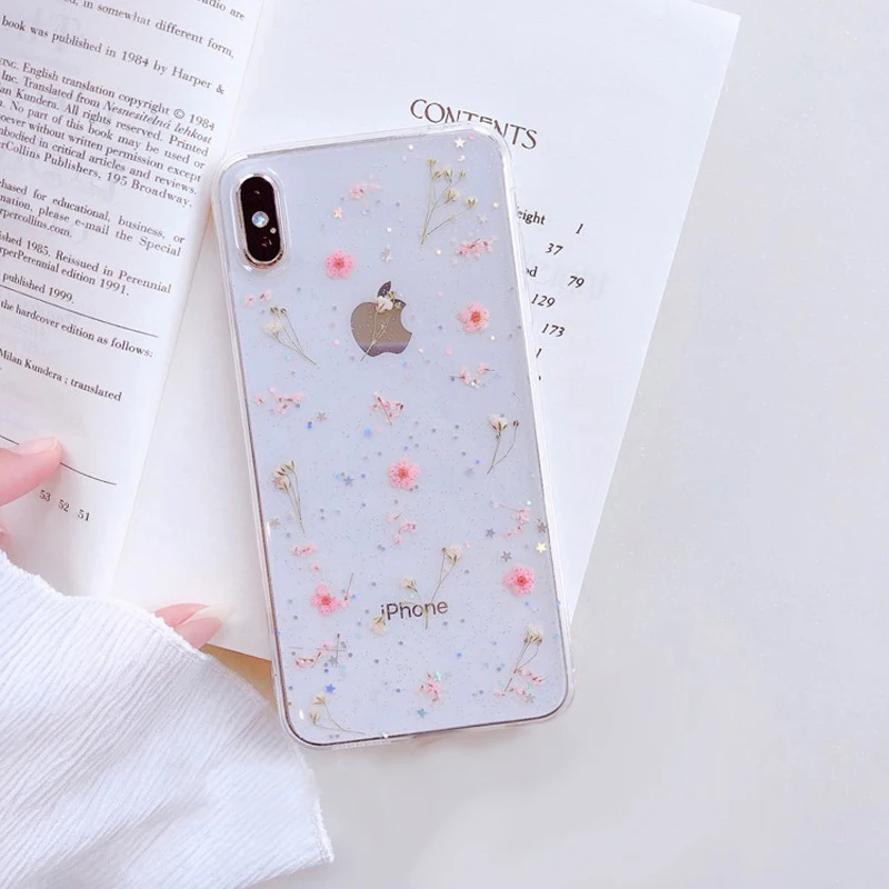 Чехлы WOTP с настоящими цветами для iPhone XS Max XR 6 6S 7 8 Plus X, прозрачный мягкий TPU задний крышки телефона с сухими цветами, подарки.