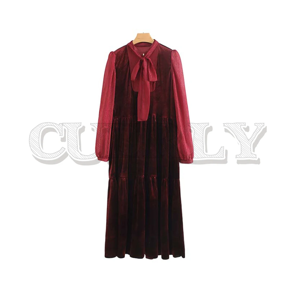 CUERLY women red velvet midi dress bow tie collar long sleeve pleated female casual chic mid calf dresses vestidos | Женская одежда