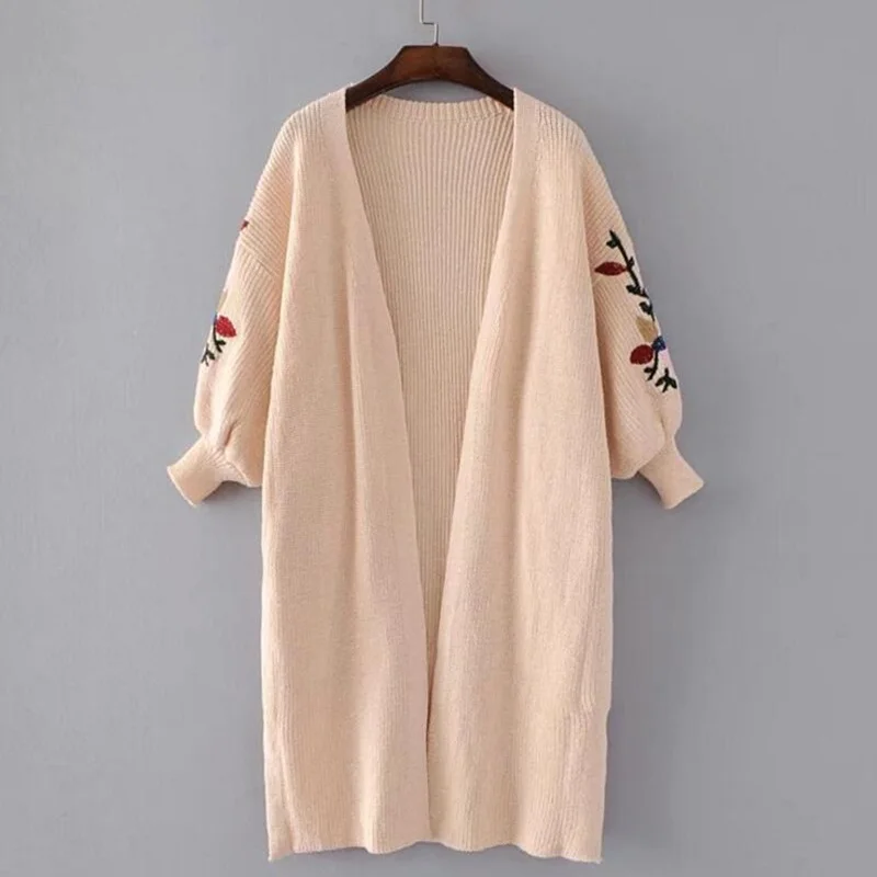 Beige Женские вязаные Длинные кардиганы с вышитыми цветами, свободные джемперы с крыльями летучей мыши, утолщенный теплый зимний свитер, вязаная одежда, один размер 6Q0378 - Цвет: Beige
