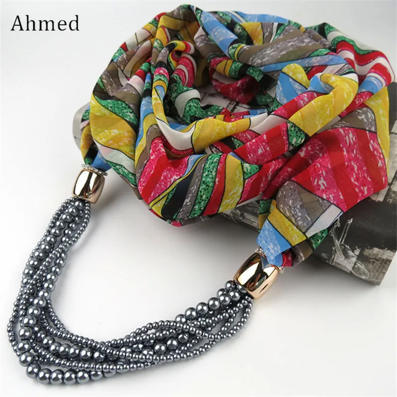Ahmed Bohemian новый дизайн многослойный жемчуг Печатный шифон шарф ожерелье Мода