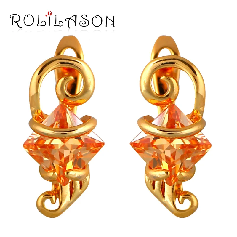 Rolinason,, циркониевые серьги для женщин, квадратные золотые тона, клипсы с кристаллами шампанского, модные ювелирные изделия JES1080
