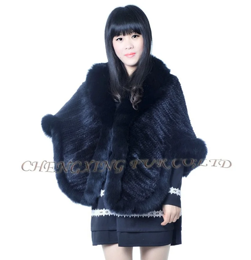 CX-B-M-99B Women Cape Real Mink Fur Knitted Shawl With Fox Trim ~ DROP SHIPPING |