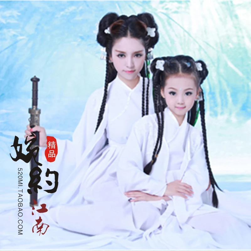 

Qing Qian Gu/костюм для мамы и дочки, белый костюм феи дракона, комплект для родителей и детей, Hanfu