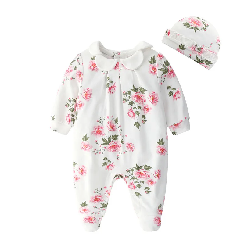 Floral White Одежда для новорожденных девочек кружевные цветы комбинезоны и Шапки Костюмы комплекты принцессы для девочек Footies для Весна детские комбинезоны - Цвет: Floral White