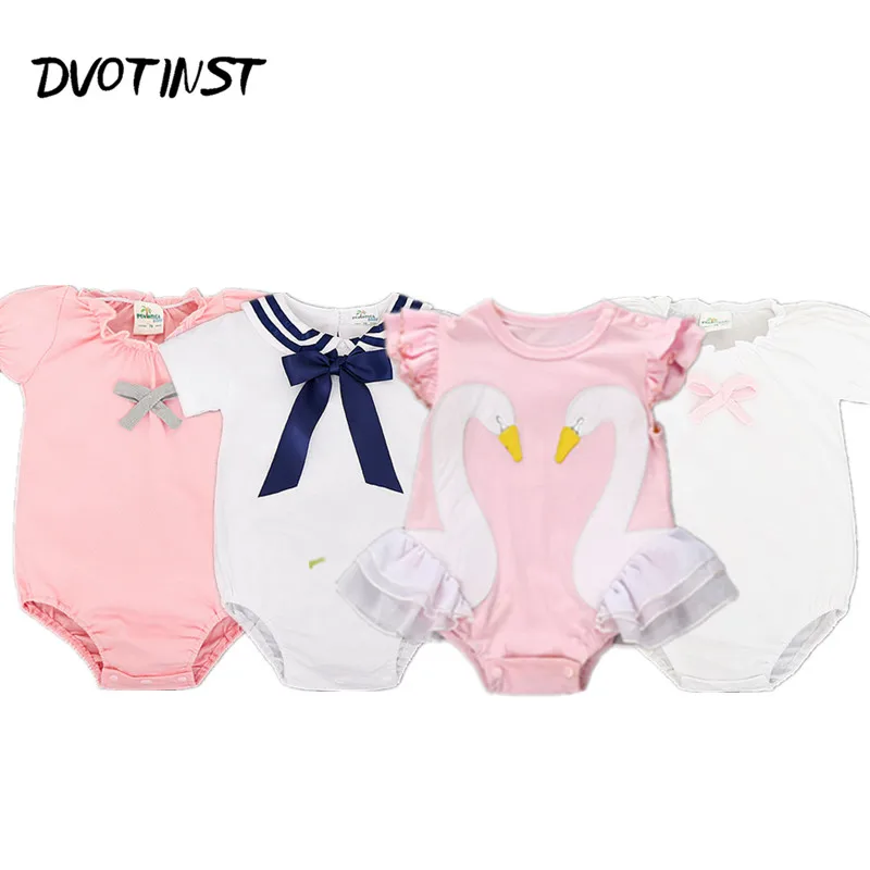 Новорожденных Девочек Одежда Лето Рукавов Лебедь Моряк Боди Экипировка
