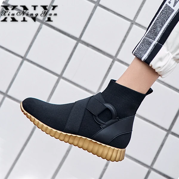 XiuningyanI 2019 Fashion Women Ankle Boot Stretch Fabric Short Socks Boots Booties Brand Shoes Casual Flat Platform Black | Обувь