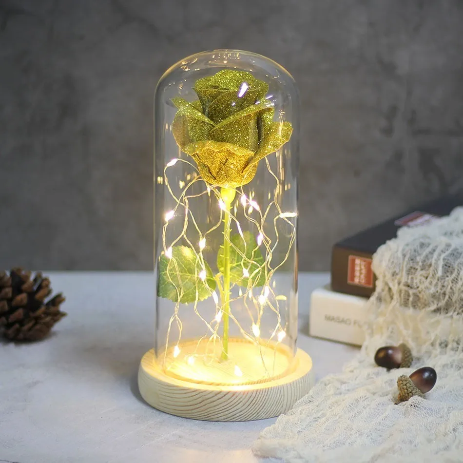 wood Golden yellow Красивая и чудовищная Роза в колбе, светодиодный светильник в виде Розы, черная основа, стеклянный купол, лучший подарок на день матери, День святого Валентина - Цвет: wood Golden yellow