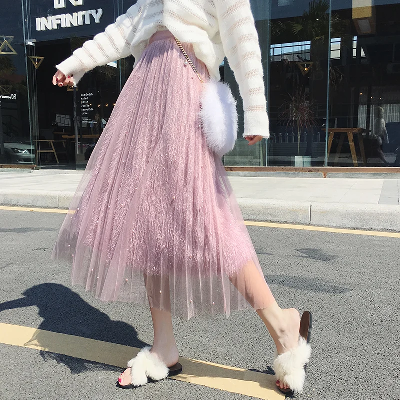 Женская плиссированная юбка с бахромой длинная сетчатая жемчугом универсальная