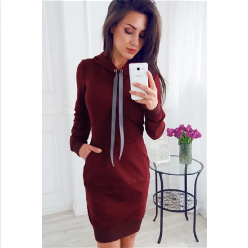 2017 Элегантные платья зимние однотонные толстовки платье женская одежда карман с