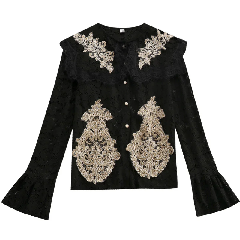 2019 Spring New Fairy Hollowed Peter Pan Collar White Lace Women Shirts Flare Sleeve Full Sleeves Tops For Free Shipping |