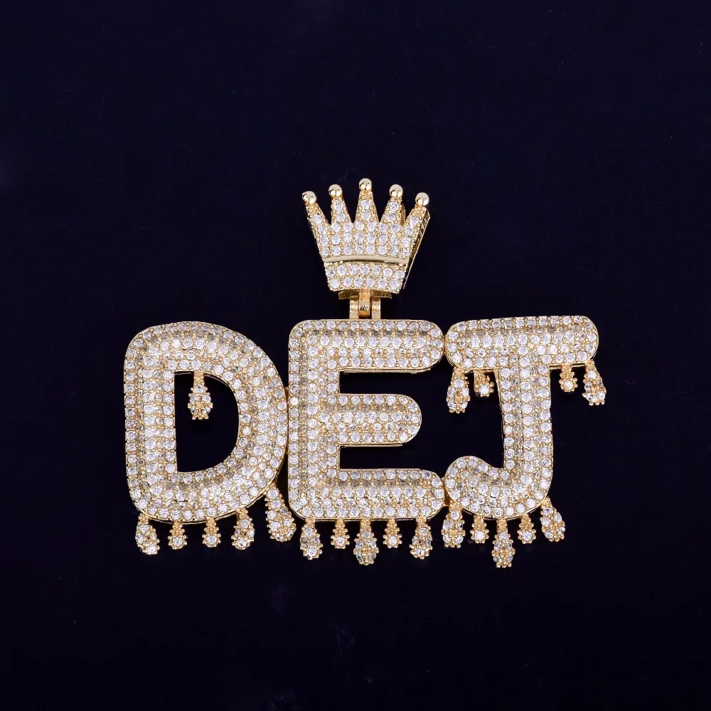 Bubble Letter Custom Name Necklace for Men Personalized Pendant Crown Drippy Charms Cubic Zircon Hip Hop Jewelry Iced Out