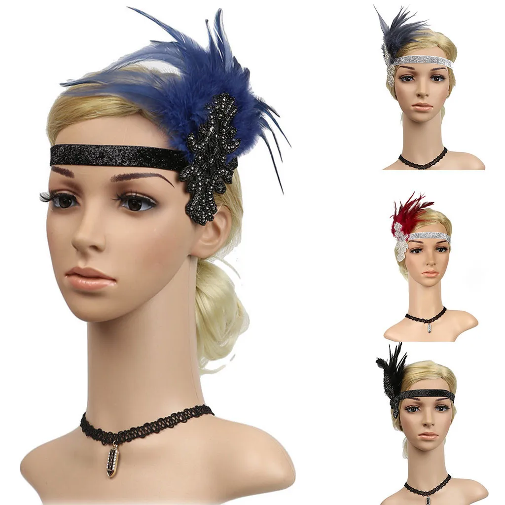 2019 Feather Flapper Headband Elegant Ladies Great Gatsby Headdress Vintage Prom Retro Da Pena |