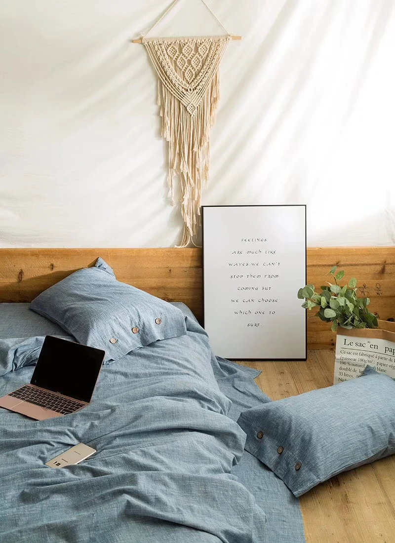 4 шт. одноцветные постельные принадлежности синие винтажные помытые хлопок/лен