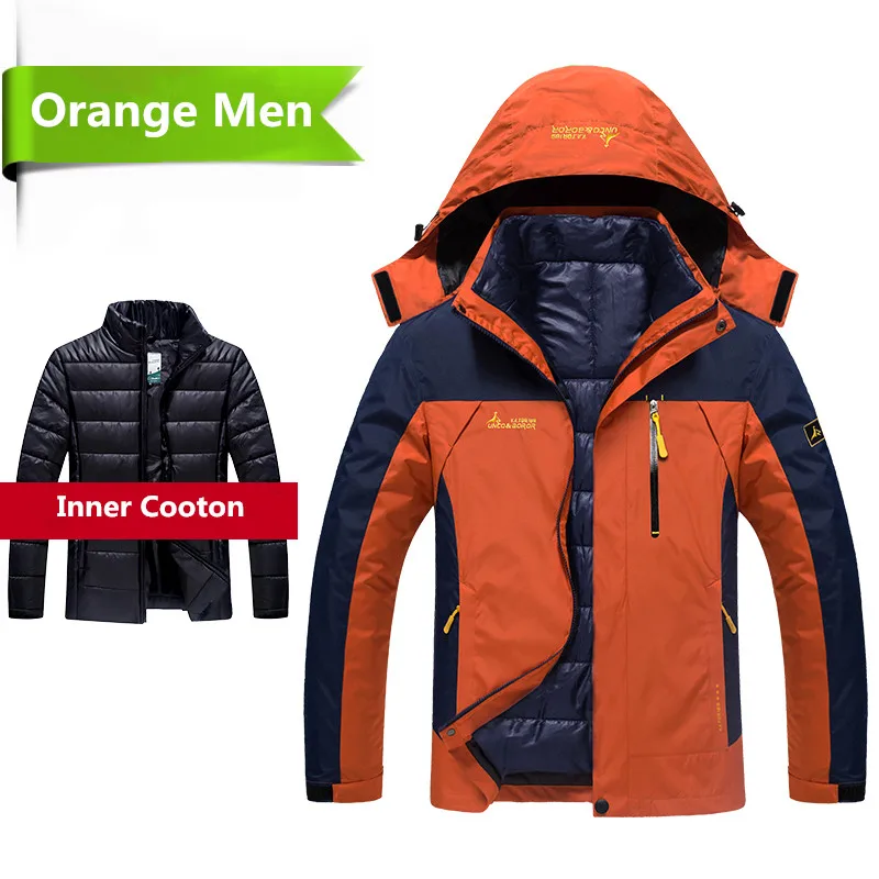 Orange Зимние теплые куртки размера плюс 6XL, Мужская Верхняя одежда 2 в 1, парки, пальто, водонепроницаемая Толстая теплая ветровка, теплые куртки с капюшоном - Цвет: Orange
