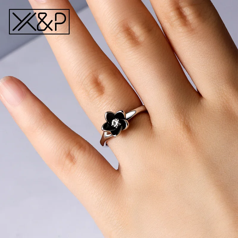 X &amp P Свадебные брендовые кольца с черным цветком и фианитом AAA для женщин модные