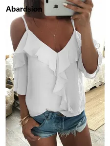 Женская блузка с открытыми плечами Abardsion, белая блузка на бретельках с коротким рукавом и оборками, лето 2019