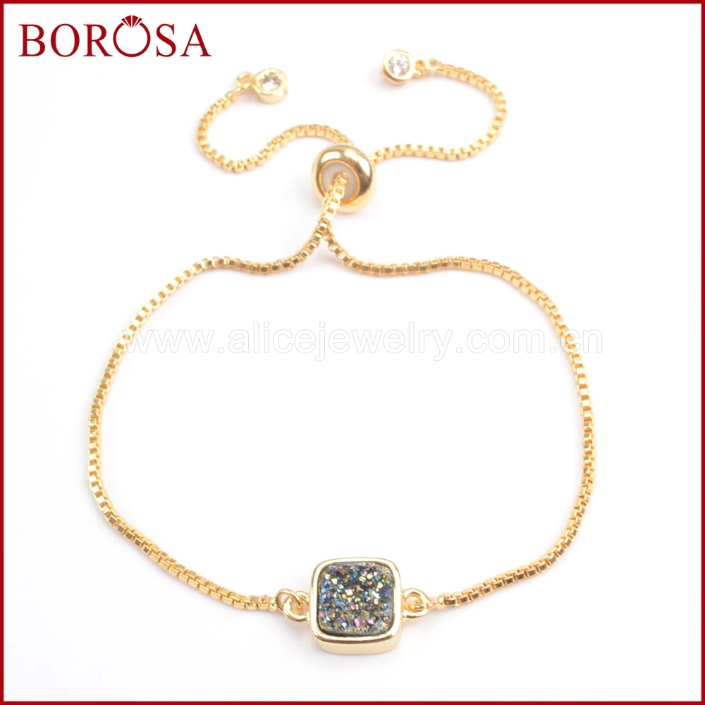 

BOROSA Fashion Bezel Square Rainbow Titanium Druzy Adjustable Bracelets for Women, Stylish Drusy Mix Colors Bracelet ZG0222