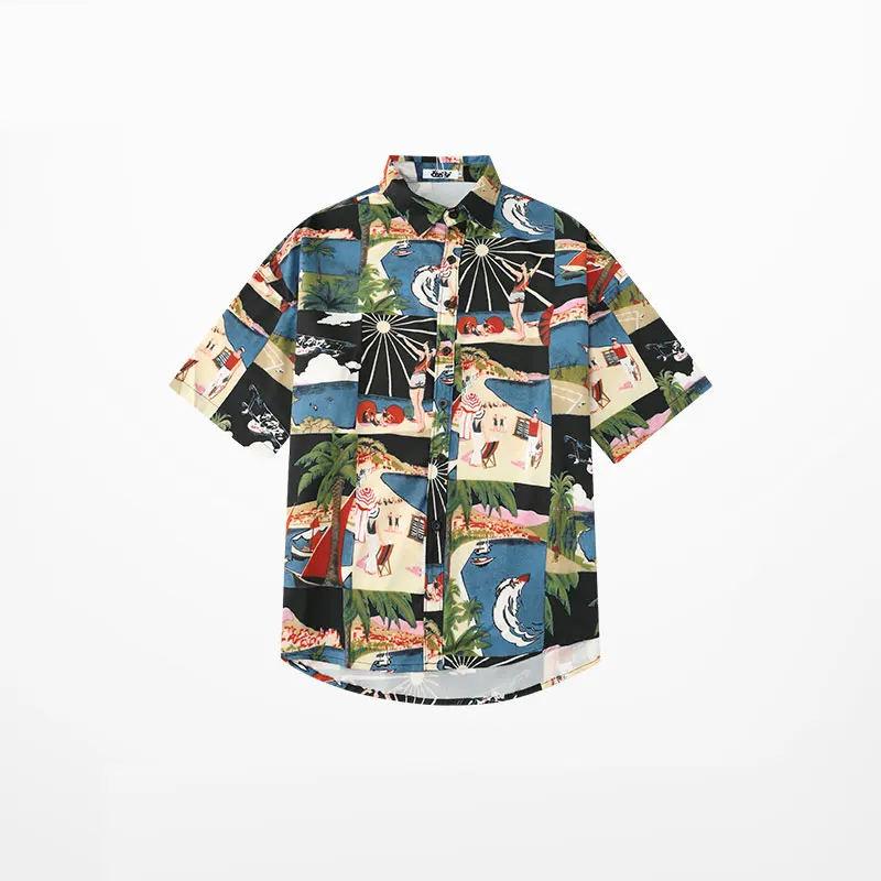 Dark Blue GONTHWID винтажные мужские Гавайские пляжные рубашки с принтом Aloha, лето, Харадзюку, повседневные рубашки с коротким рукавом, Мужская модная уличная одежда - Цвет: Dark Blue