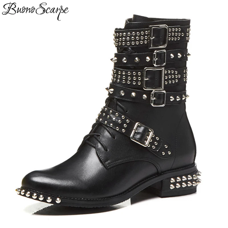 

BuonoScarpe 2018 Spiked Rivets Studded Ankle Boots For Women Buckled Strap Punk Style Real Leather Motorcycle Short Botas Mujer