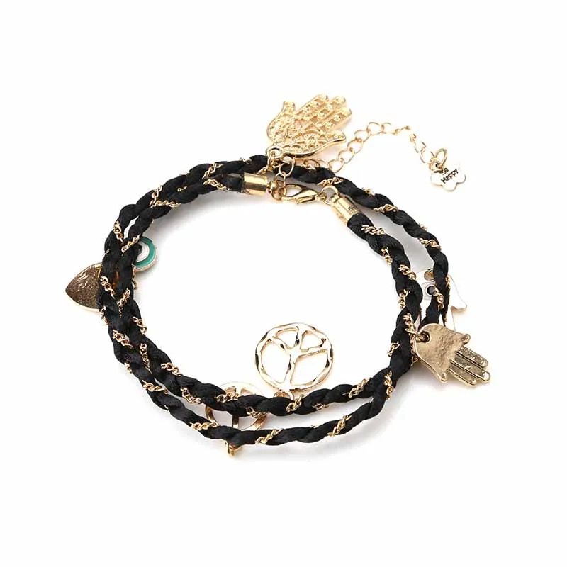 Женский браслет с подвесками Lucky Eye Hamsa черный красный нитью и кисточками модные