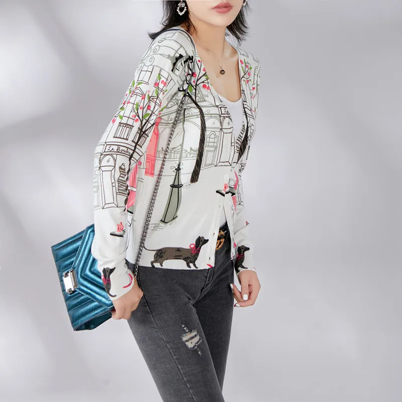 Sweater Woman V-Neck Knitted Fashion Casual Long Sleeve slim cardigan Girl cartoon Print Clothes B-180