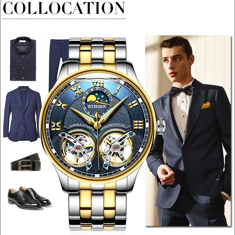 

Mechanical watch Top Brand BINGER Double Tourbillon Automatic Watch Men Leather Strap Moon phase 24 hours Luminous Clock