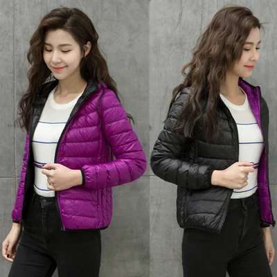 Ультра светильник зимний размера плюс женский пуховик с капюшоном 90% белая утка Двусторонняя Куртка женское теплое пальто женский Casaco Feminino - Цвет: Purple and black