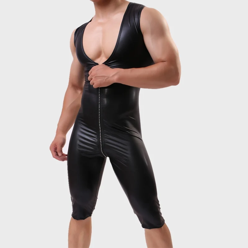 

Sexy Men's One-Piece Skinny Underwear Zipper Piece Suit Leather Bodybuilding Suit Bodysuits Men Jumpsuits Wrestling undershirt