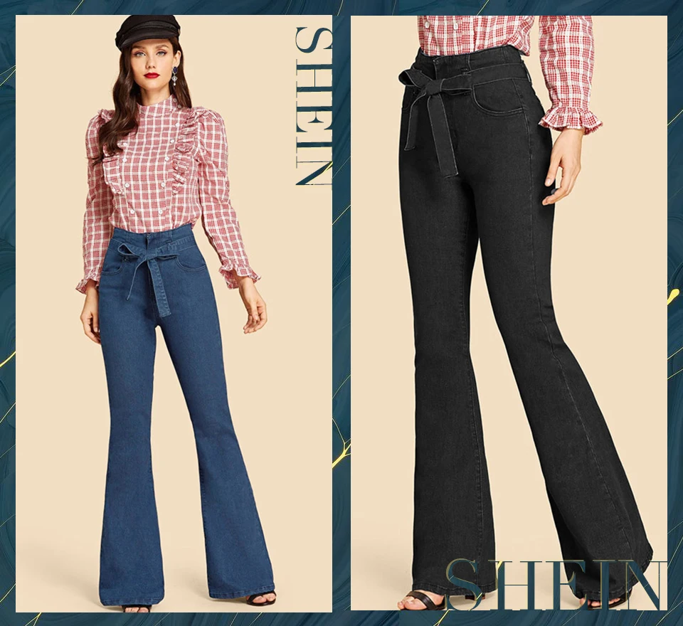 SHEIN Однотонные Расклешенные Джинсы С Поясом Женские Джинсовые Брюки На Молнии С Высокой Талией