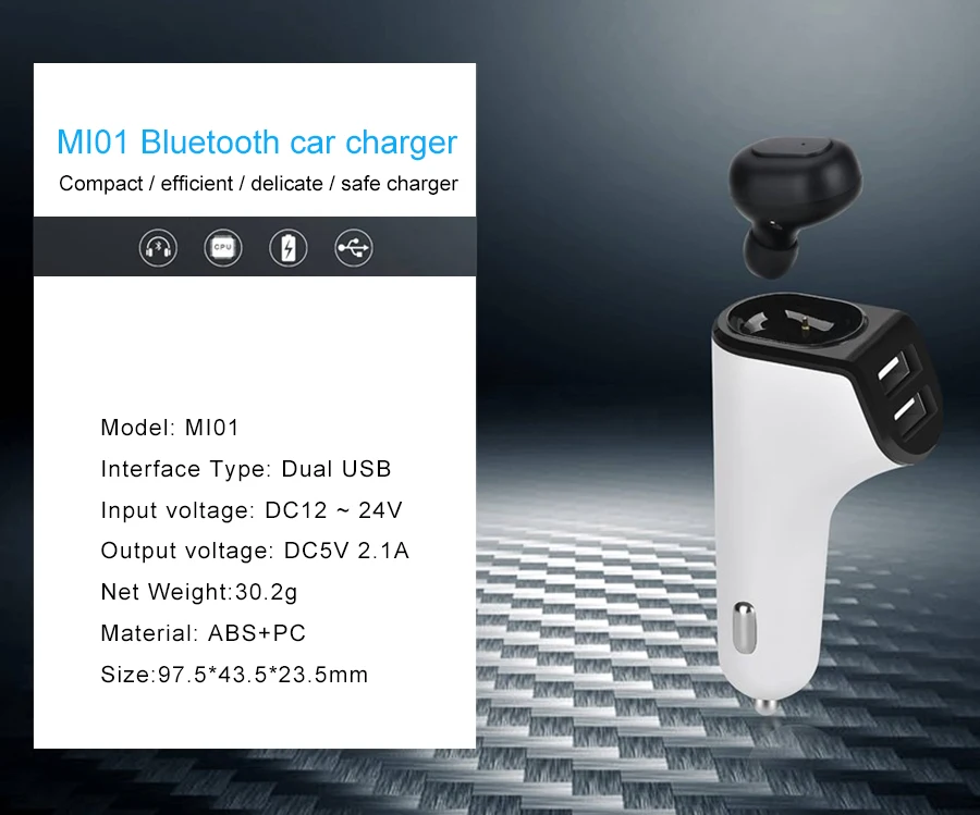 MI01 Беспроводной гарнитура Bluetooth Dual USB Автомобильное Зарядное устройство 5 В 2.1A