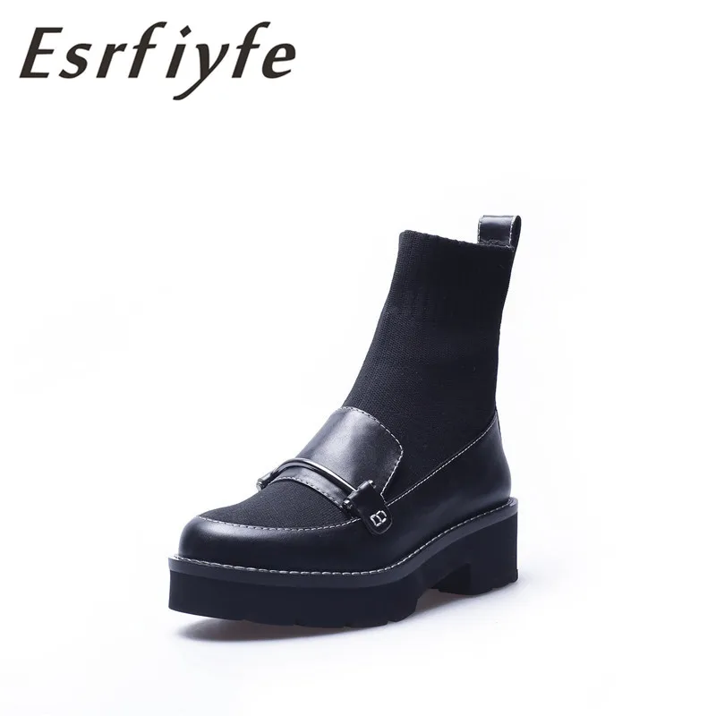 ESRFIYFE/2019 г. Новые эластичные вязаные носки из натуральной кожи Демисезонные ботильоны на платформе с круглым