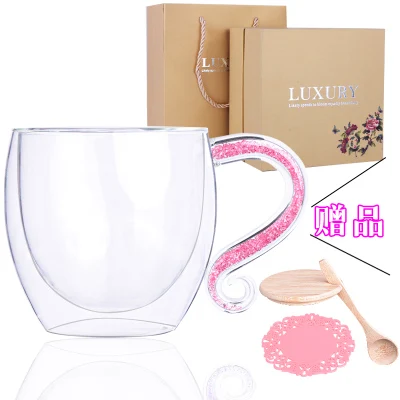 pink Двухслойные кофейные кружки с рукояткой, с блестящей хрустальной ручкой, ложка в комплекте, кофейная кружка, чайная кружка, подарочный набор - Цвет: pink