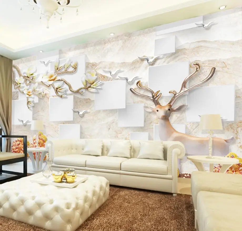 Beibehang Custom Wallpaper 3D Magnolia Blossom Elk Forest Flying Birds Relief Background Wall Living Room Bedroom 3d wallpaper - купить по