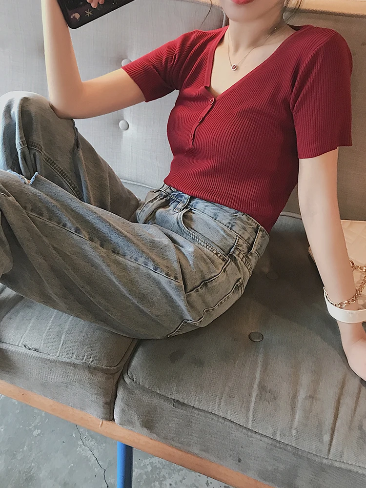 Бутон со льдом шелк вязать женский v-образным вырезом с коротким рукавом летняя