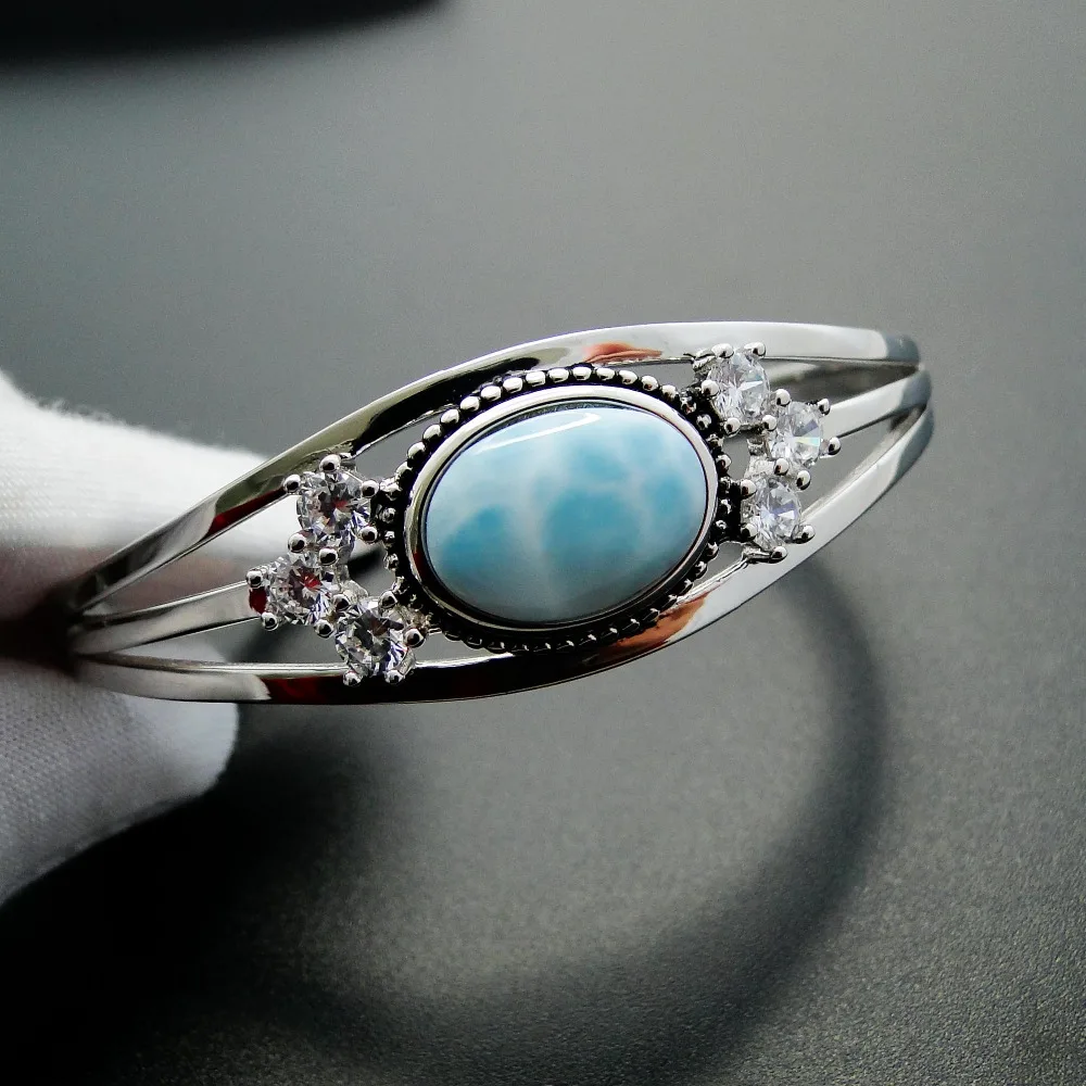 

DJ CH Vintage Fine Jewelry 925 Sterling Silver Bangle Natural Larimar Bracelet Larimar Bangle Vanlentine's Day Present Gift