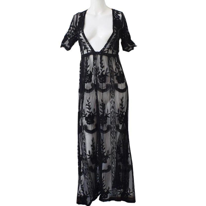 Women Long Maxi Dresses Bohemia V-neck short Sleeve Floral lace Summer Beach Female Split Stylish Style Dress | Женская одежда