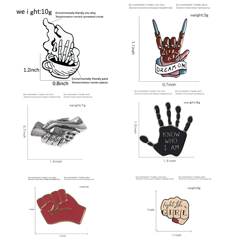 Punk Skeleton Hand Pins and Brooches Metal OK Fist Handshake Large Enamel Pin Badges Various gestures Jewelry for women men Gift