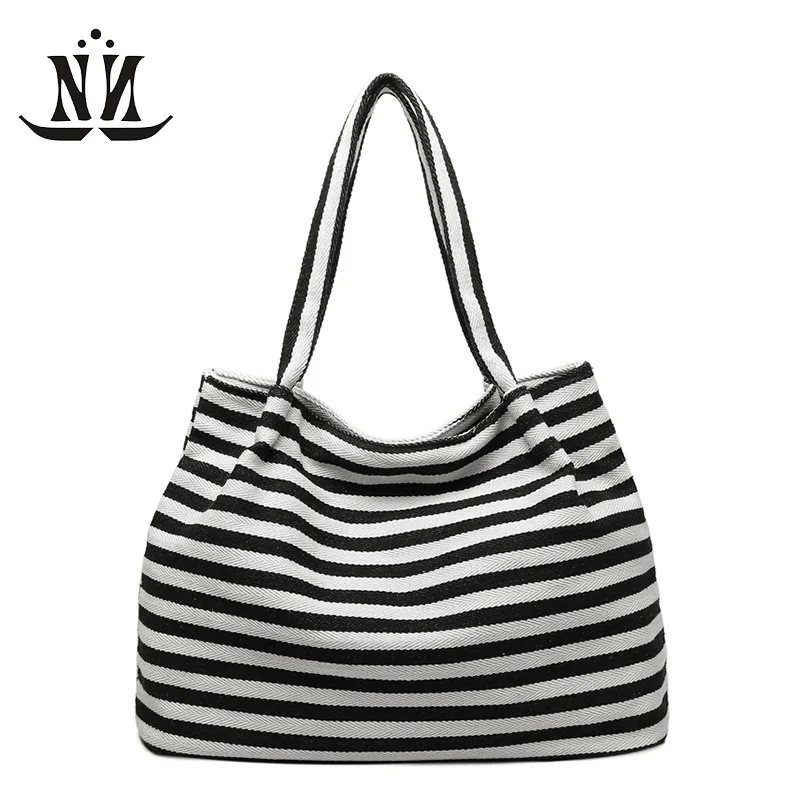 XNO Новая Мода Полосатый Женщины Плеча Сумки большой емкости Холст Краткое