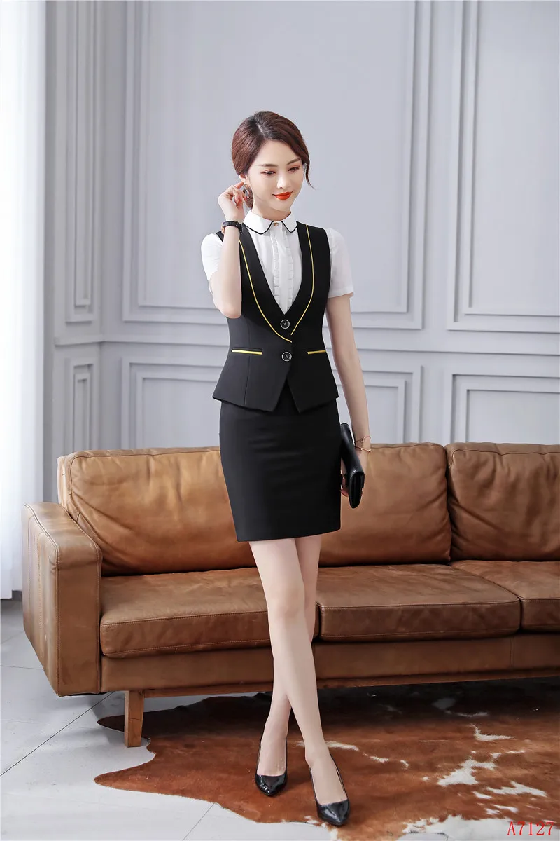 Formal Black Waistcoat Women Business Suits 2 Piece Skirt and Top Sets Ladies Work Wear Vests OL Style | Женская одежда