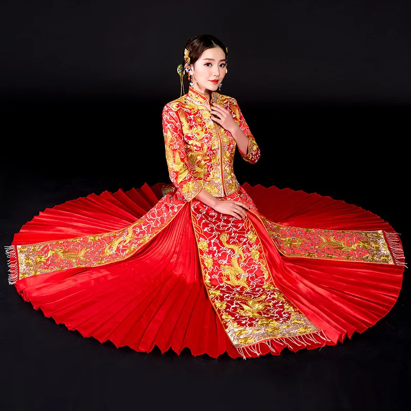 

Vintage Embroidered Phoenix Cheongsam Modern Chinese Traditional Wedding Dress Women Vestido Oriental Collars Elegent Long QiPao